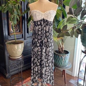 Roxy lace bodice tribal print strapless maxi dress
